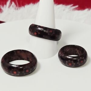 Black Floral Wooden Ring African Totem Ethnic Boho Stackable Festival 9mm Band